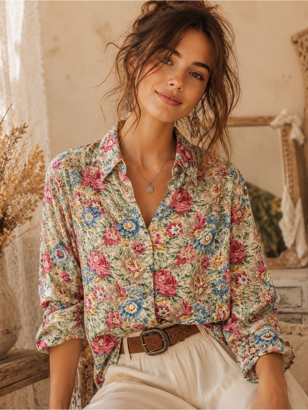 Ann Taylor Vintage Button Up Blouse Floral Long Sleeve Boho Romantic Size S